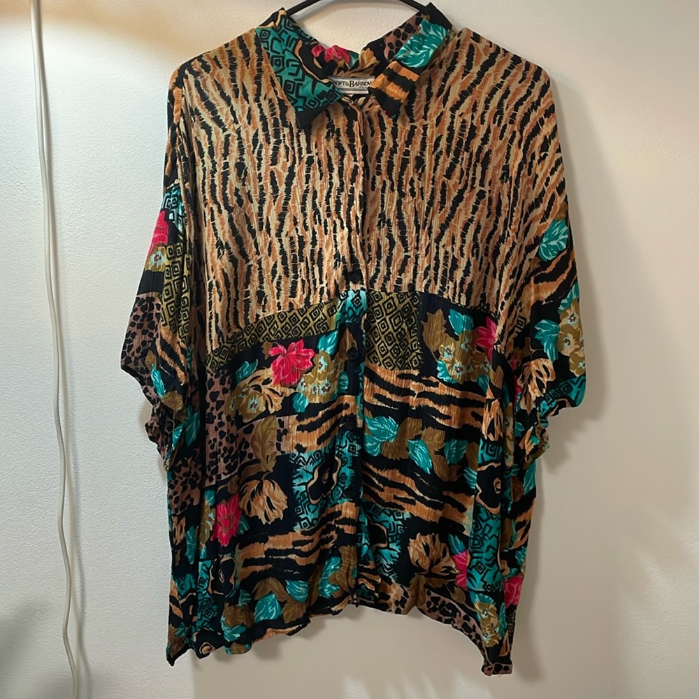 Super oversized animal print and tropical floral button down short sleeve top